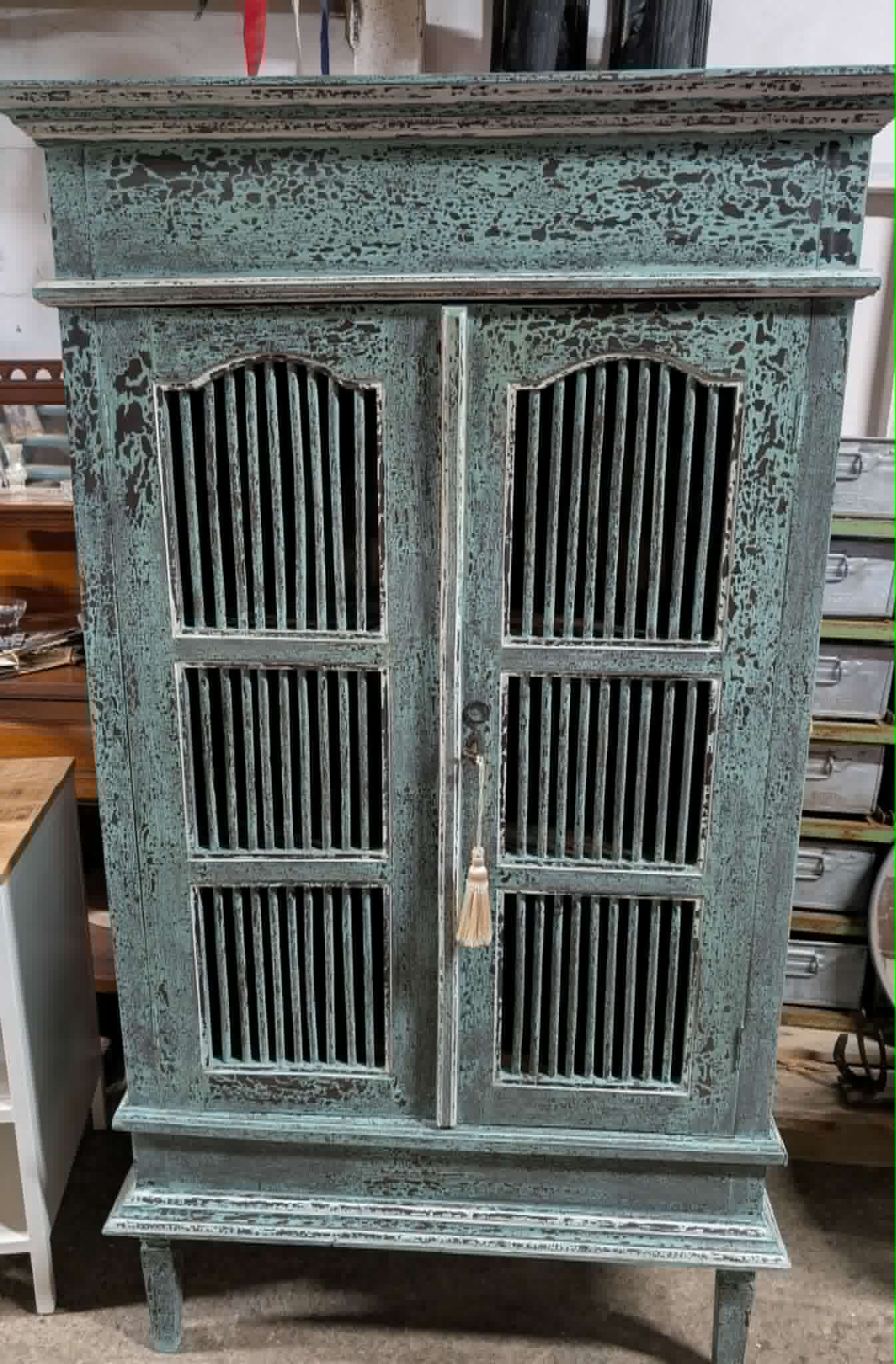 Blue Shabby Chic Tall Cabinet / Barred Doors