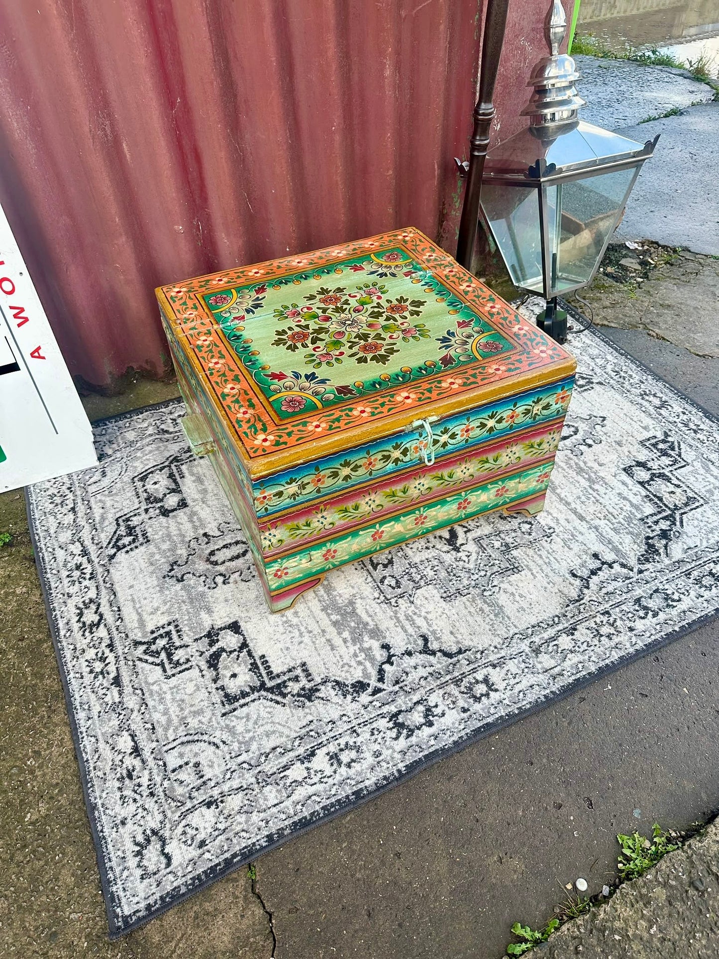 Colourful Painted Wooden Storage Chest Coffee Table with Side Handles