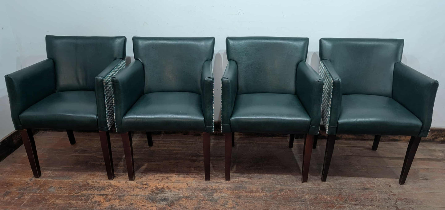 Set of 4 bottle green faux leather tub chairs / fabric backs / pub seating