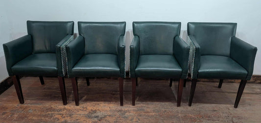 Set of 4 bottle green faux leather tub chairs / fabric backs / pub seating