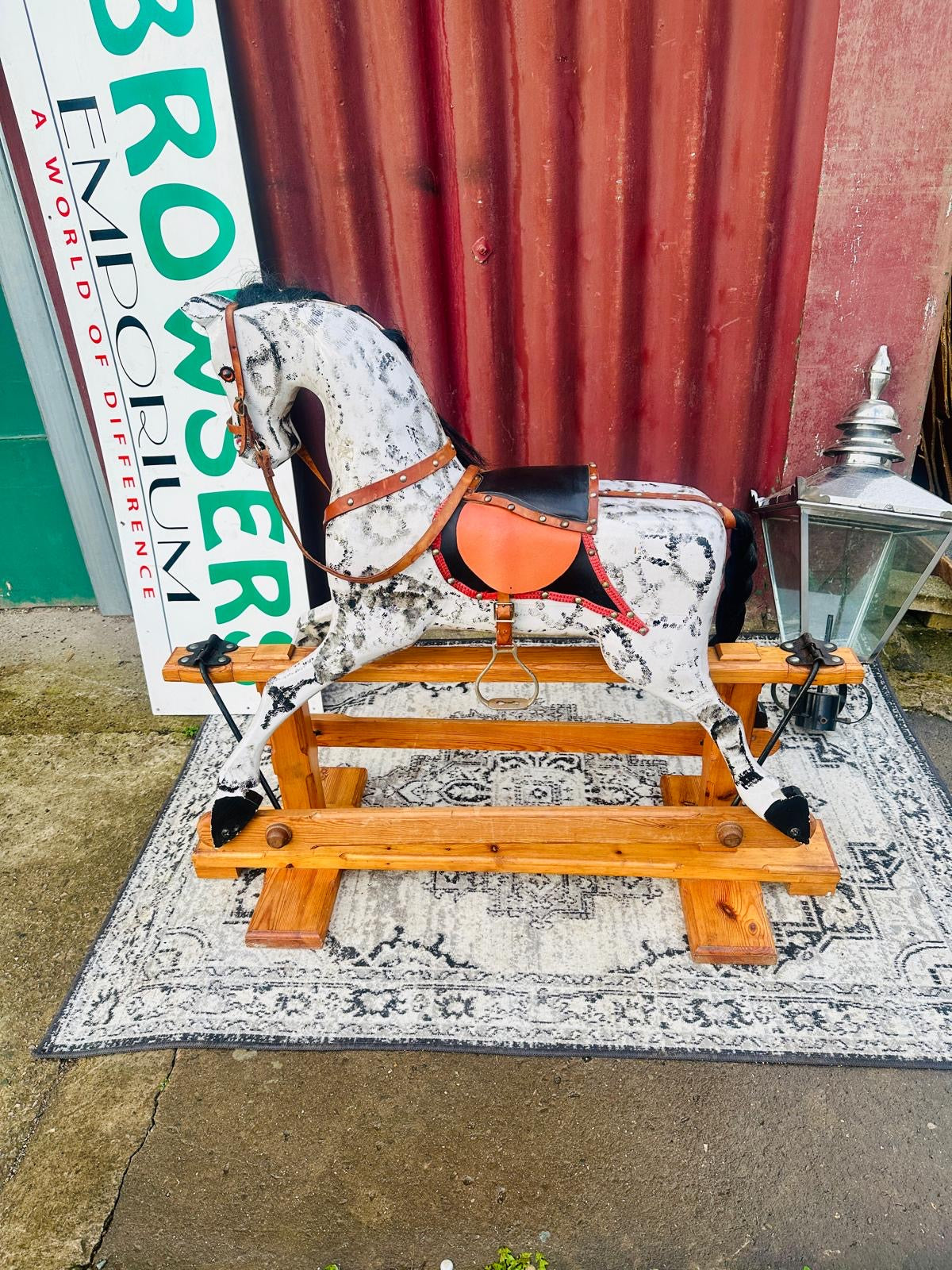Wooden Rocking Horse with Saddle Bridle Black Mane & Tail on Timber Rocker