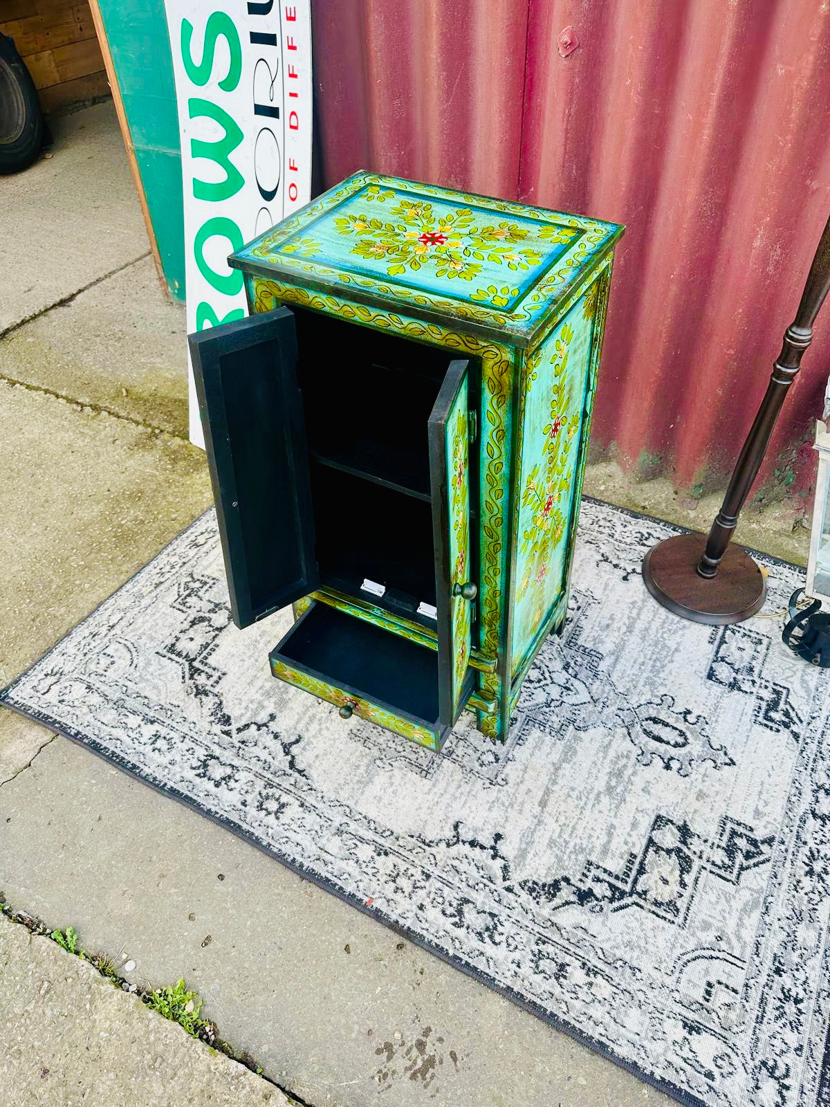 Hand Painted Floral Wooden Bedside Cabinet with Drawer and Double Doors