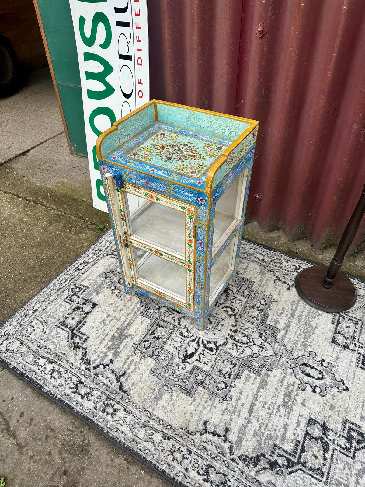 Colourful Painted Glass Display Cabinet Turquoise Blue Floral Storage Unit
