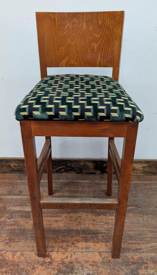 Single Bar Stool / Green Geometric Fabric Seat / Medium Wood Finish