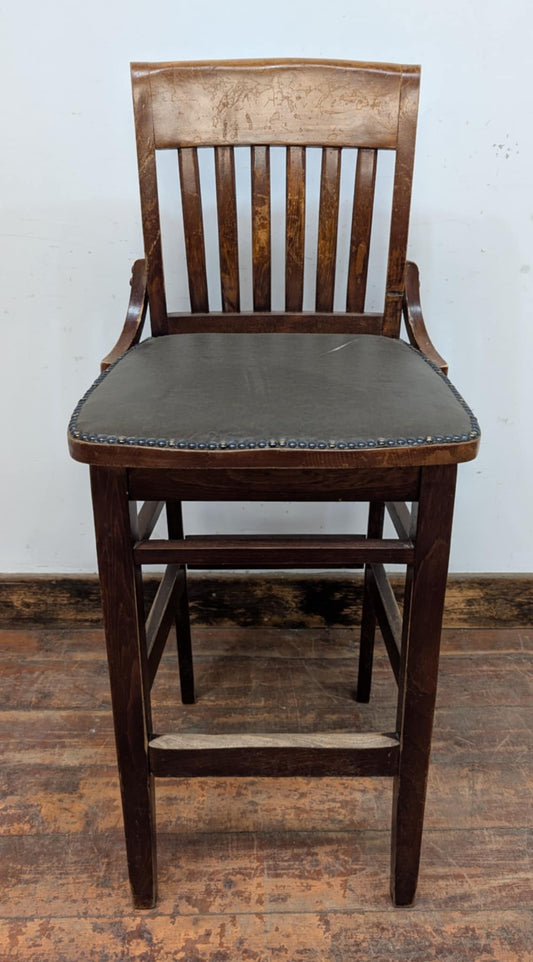 Single Straight-Back Bar Stool / Forest Green Leather Seat / Medium Wood Frame