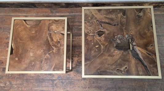 Pair of Square, Metal Frame Coffee Tables with Raw Wood Tops and Natural Holes