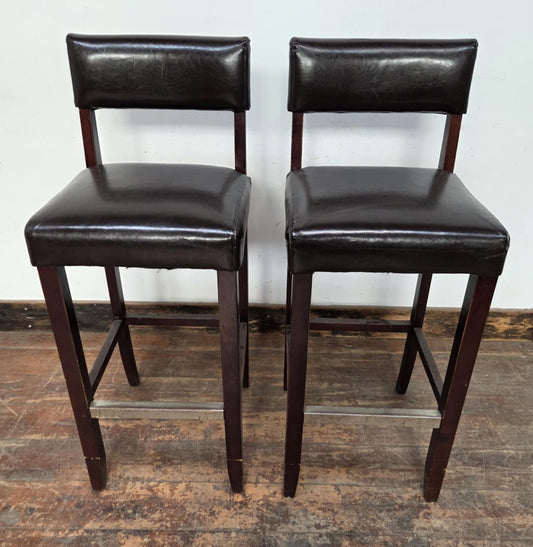 Pair of Black Faux Leather Bar Stools with Wood Frames