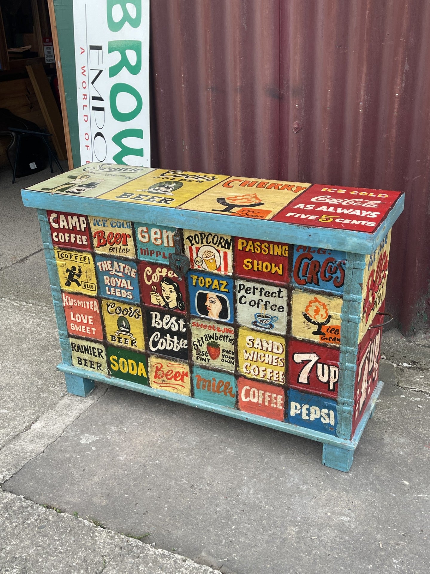 Share Hand Painted Sideboard Storage Trunk Chest Retro Bar Coffee Drinks Decorative