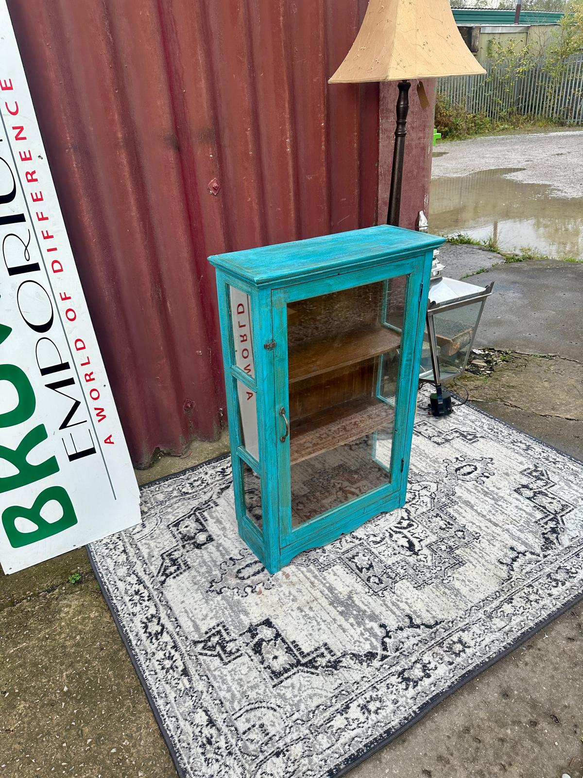 Turquoise Painted Glass Display Cabinet Wooden Shelves Rustic Boho Storage Unit