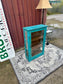 Turquoise Painted Glass Display Cabinet Wooden Shelves Rustic Boho Storage Unit