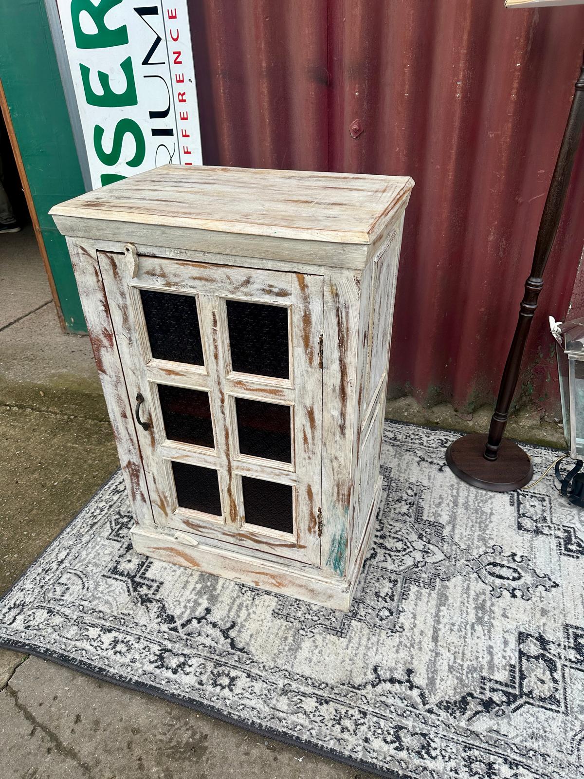 White Distressed Wooden Cabinet with Glass Panel Door Rustic Storage