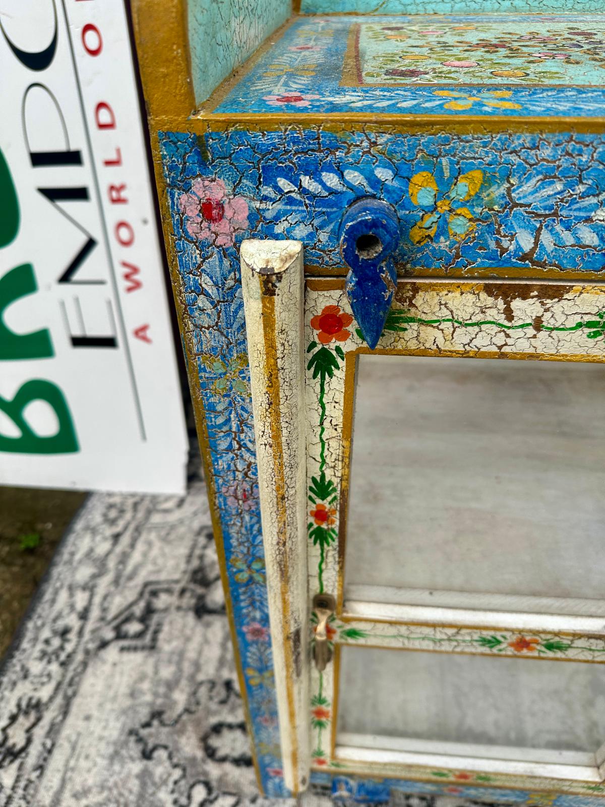 Colourful Painted Glass Display Cabinet Turquoise Blue Floral Storage Unit