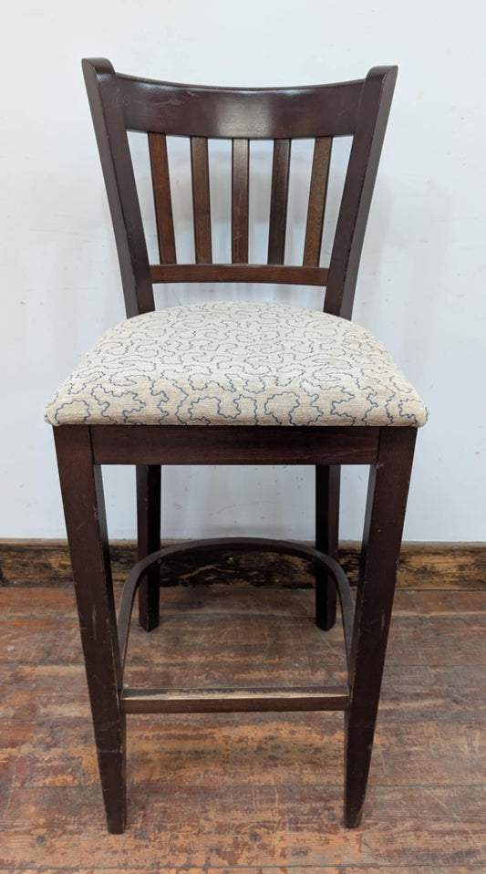 Single High Back Bar Stool / White Fabric Patterned Seat / Dark Wood Frame