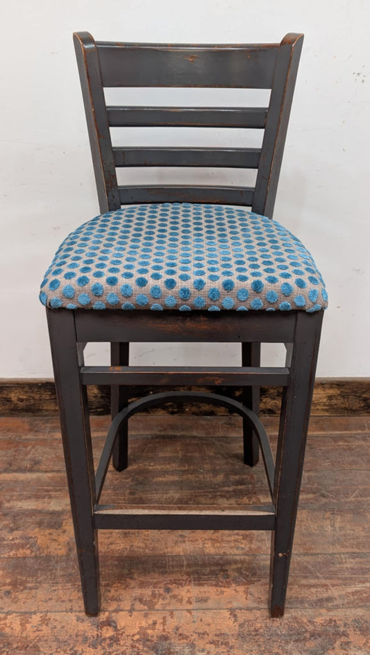 Single Bar Stool / Silver-Blue Spotted Fabric Seat / Grey Painted Frame