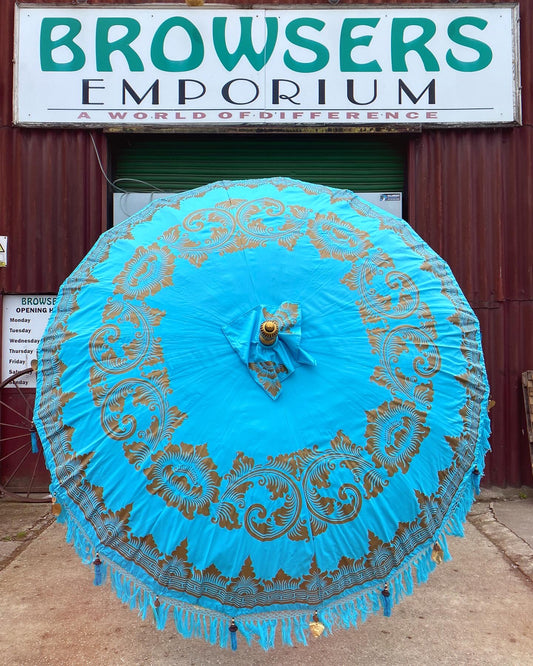 LARGE Handmade Bali Sun Parasol / Sky Blue and Gold (Base not included)