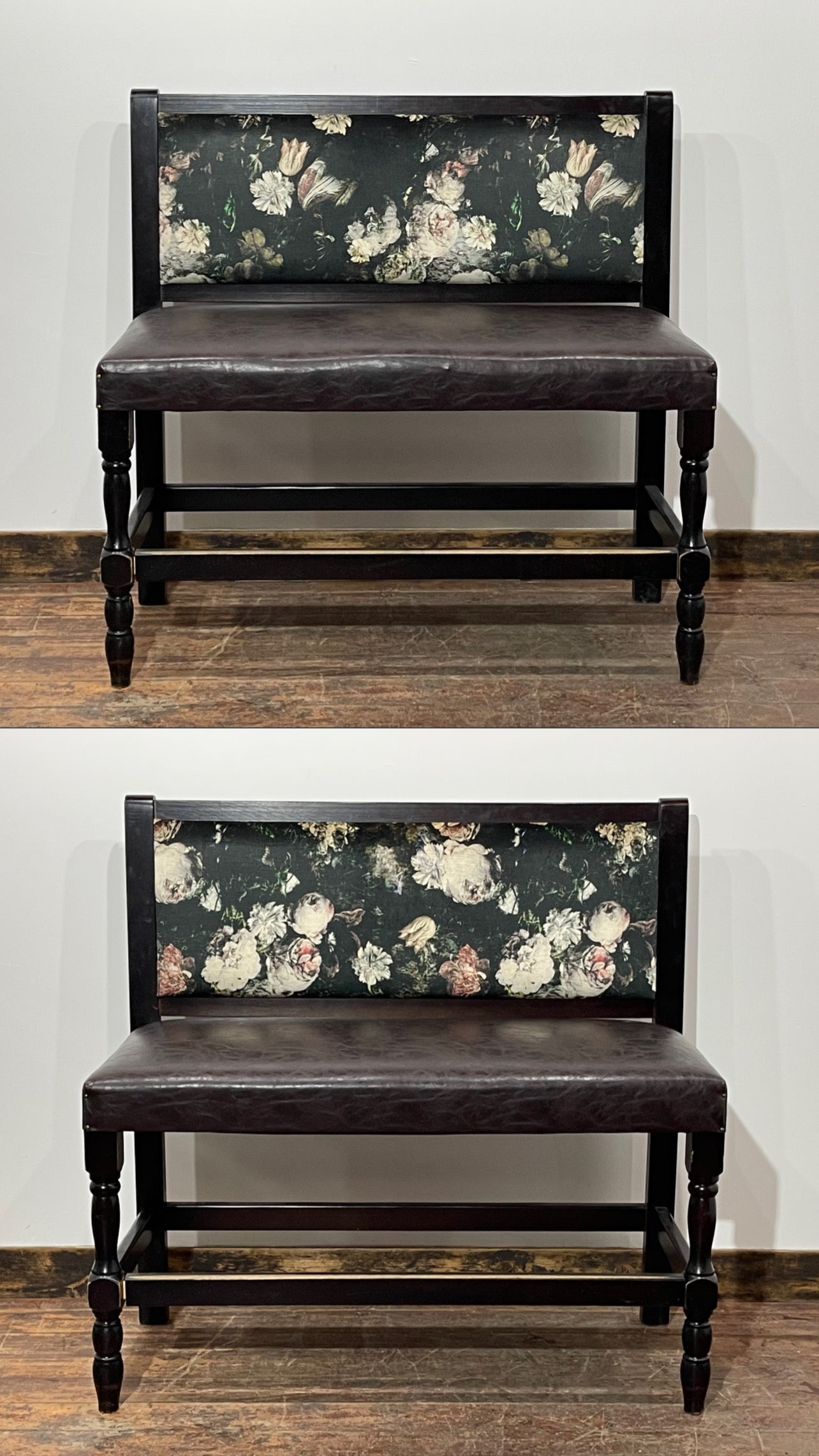 Stunning pair of poseur benches with floral fabric backrests