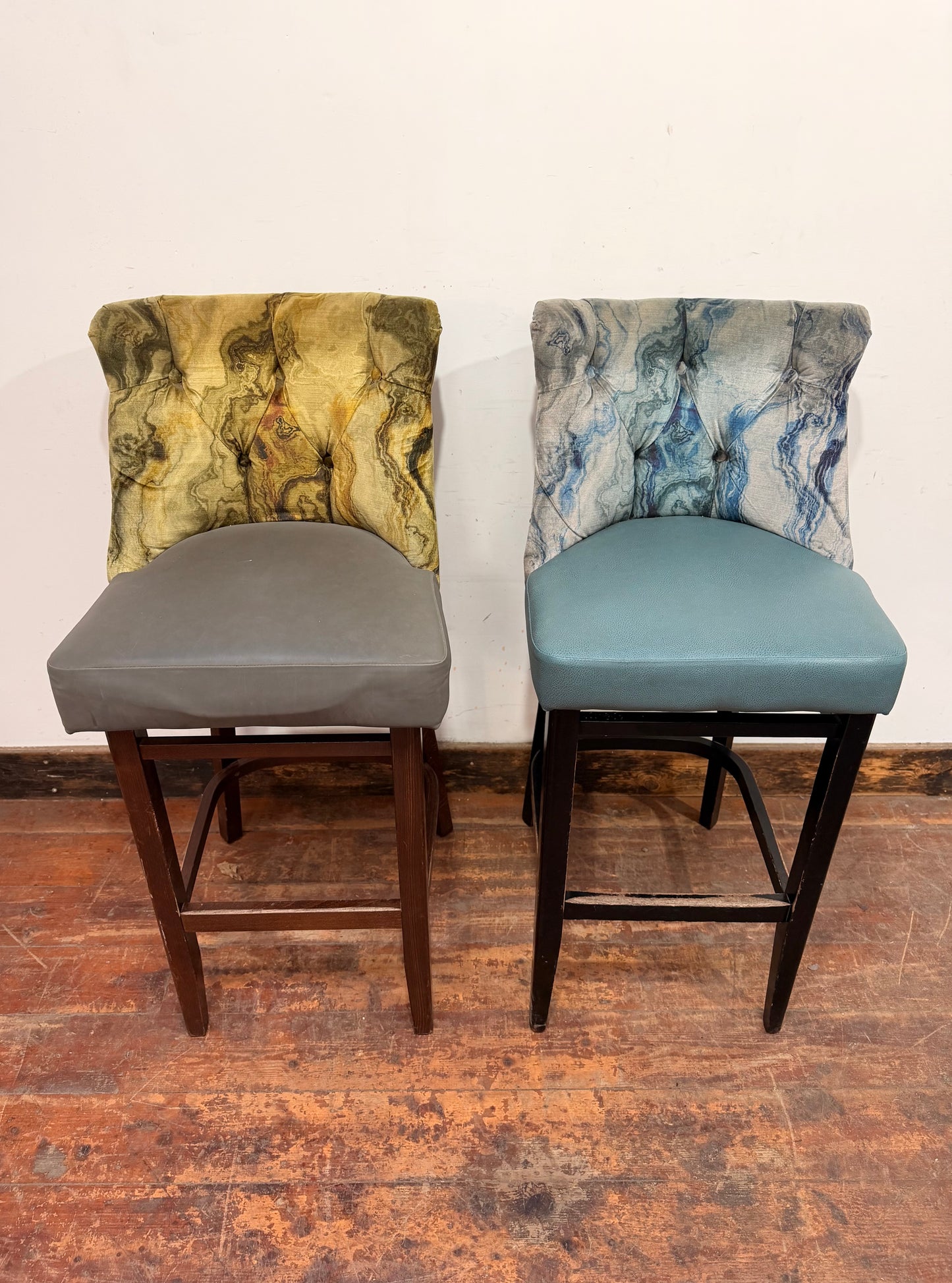 Pair of bar stools with marble effect fabric backs