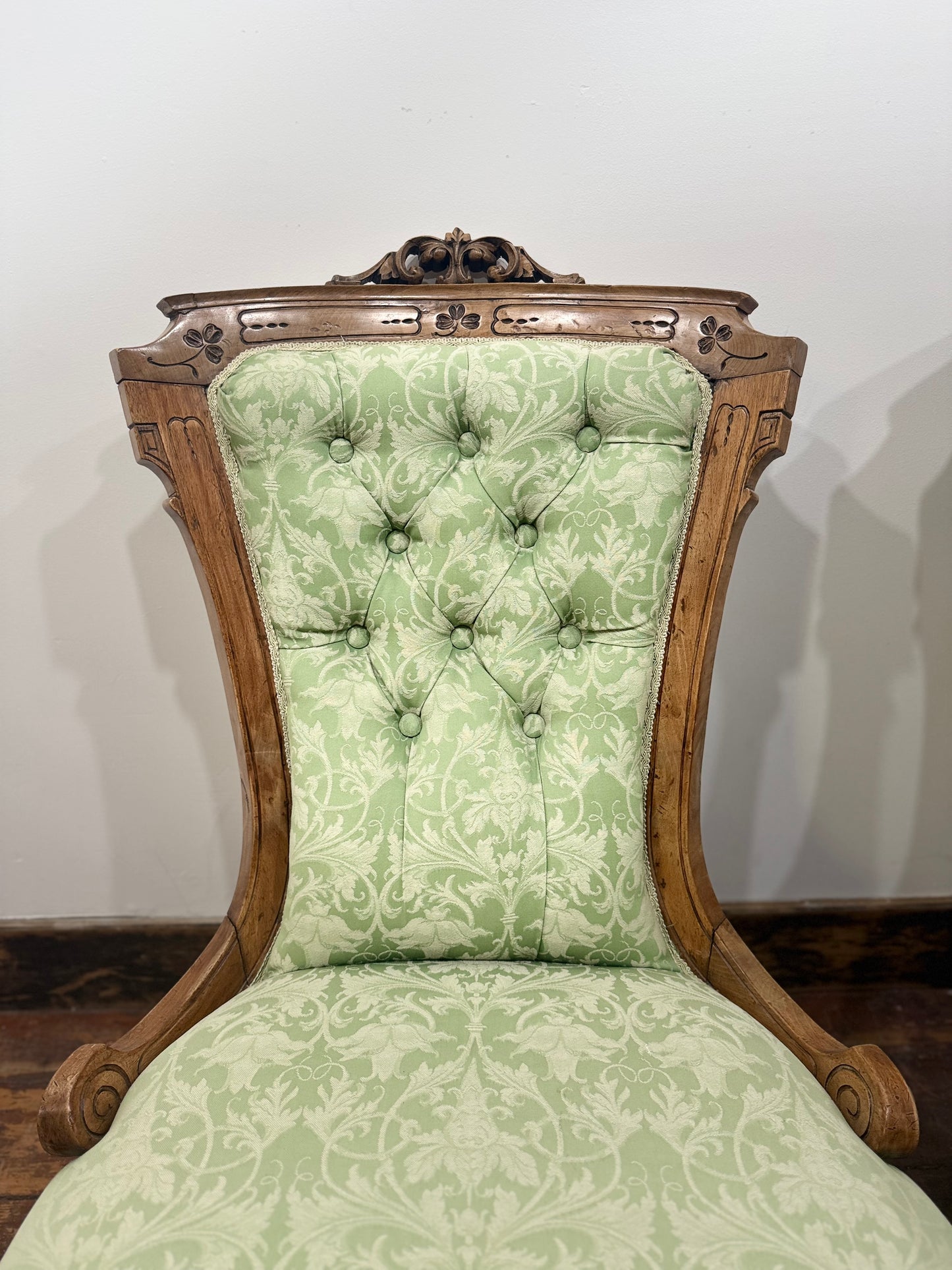 Victorian Style Carved Walnut Armchair/Side Chair/Sage Green Button Back Chairs