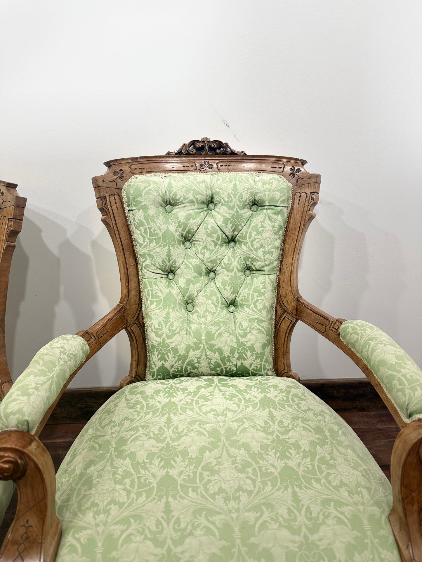 Victorian Style Carved Walnut Armchair/Side Chair/Sage Green Button Back Chairs