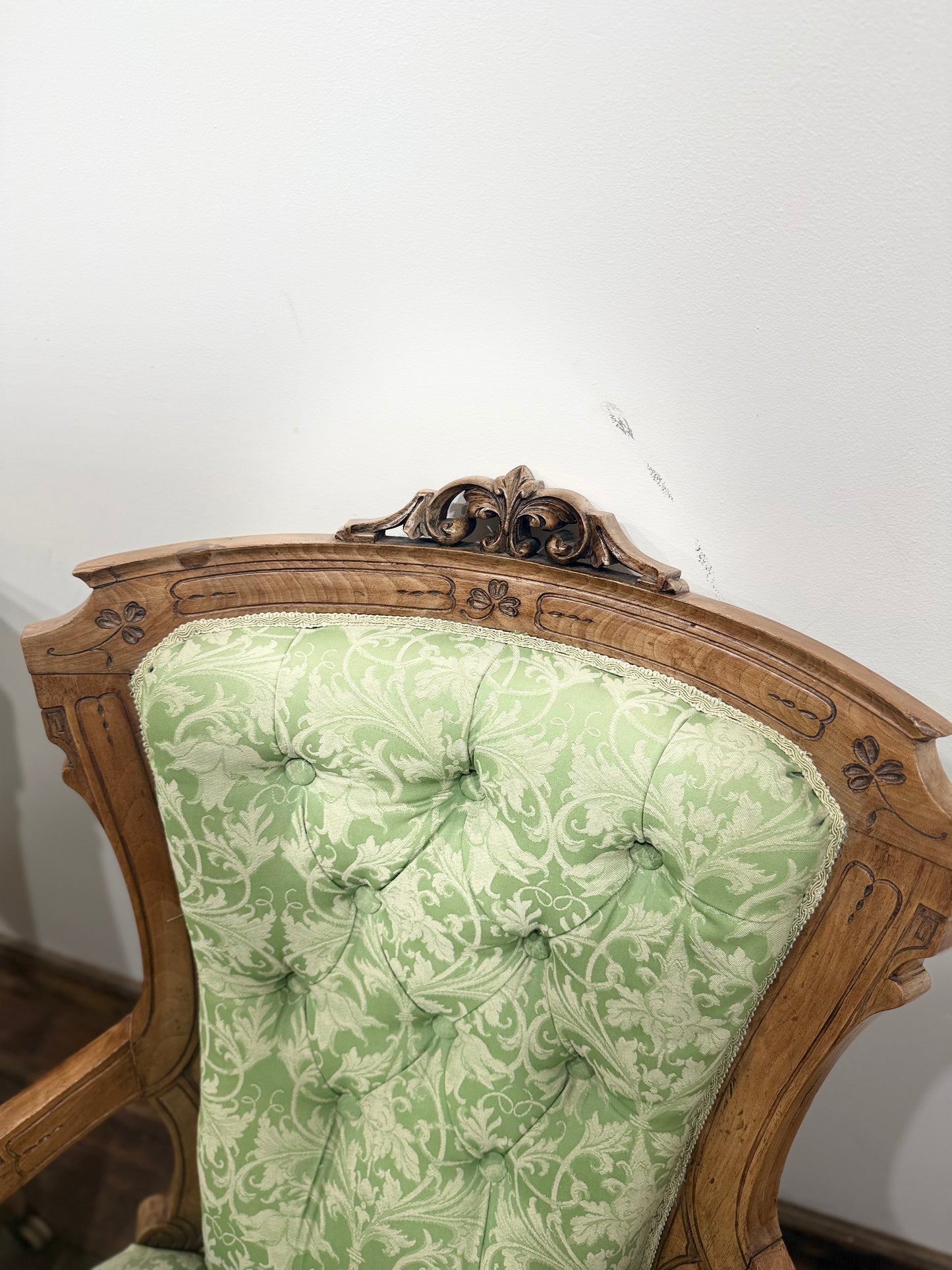 Victorian Style Carved Walnut Armchair/Side Chair/Sage Green Button Back Chairs