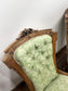Victorian Style Carved Walnut Armchair/Side Chair/Sage Green Button Back Chairs