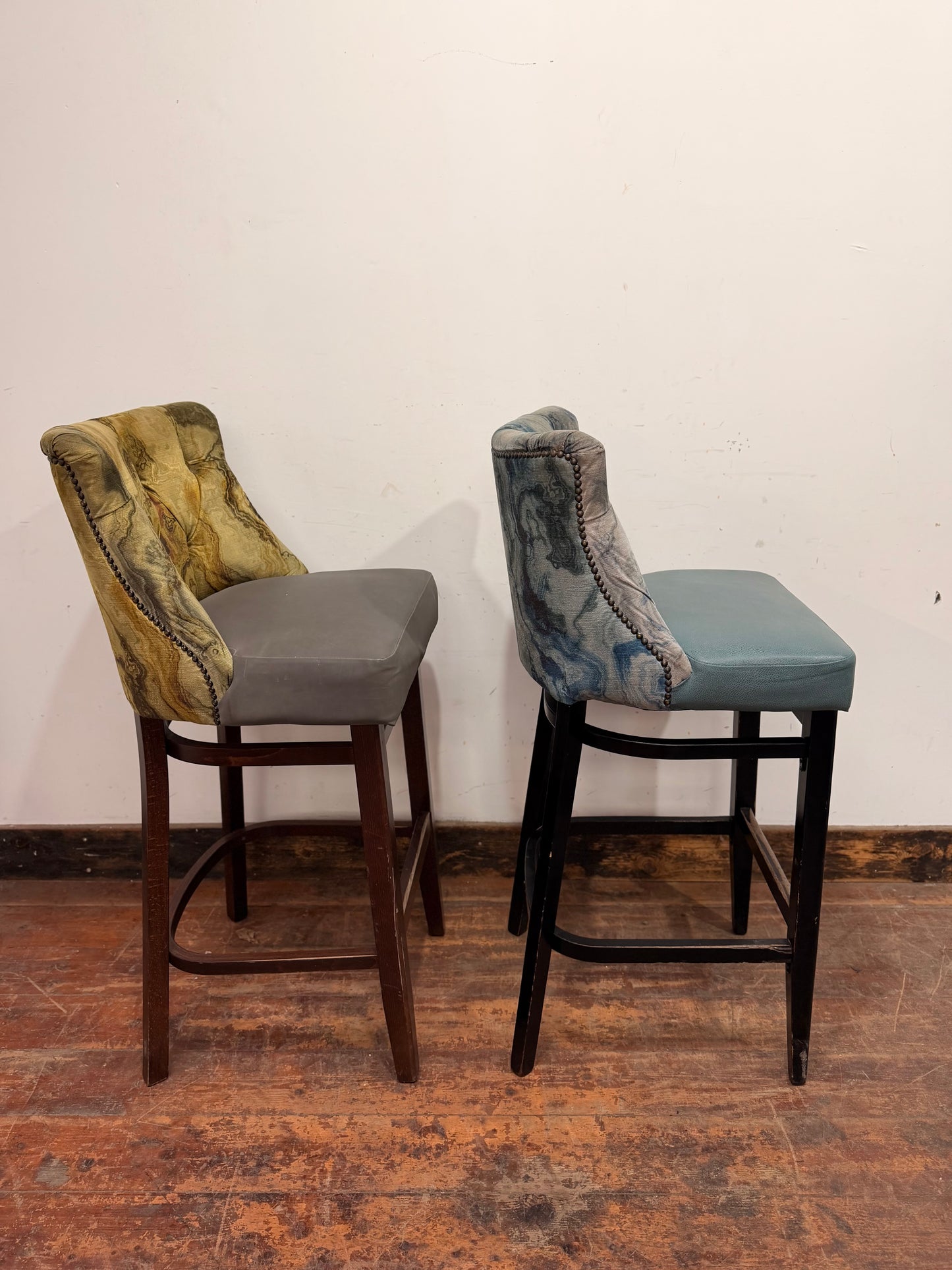 Pair of bar stools with marble effect fabric backs