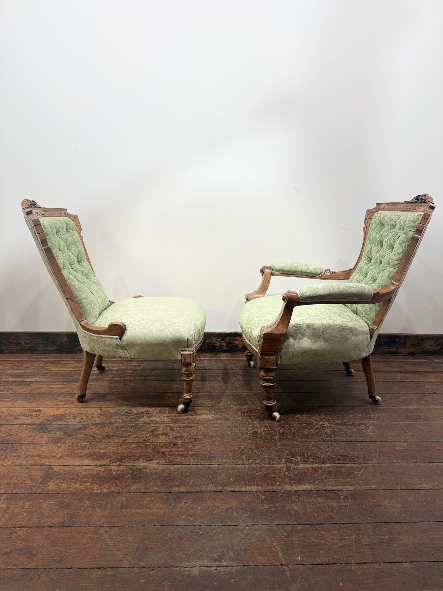 Victorian Style Carved Walnut Armchair/Side Chair/Sage Green Button Back Chairs