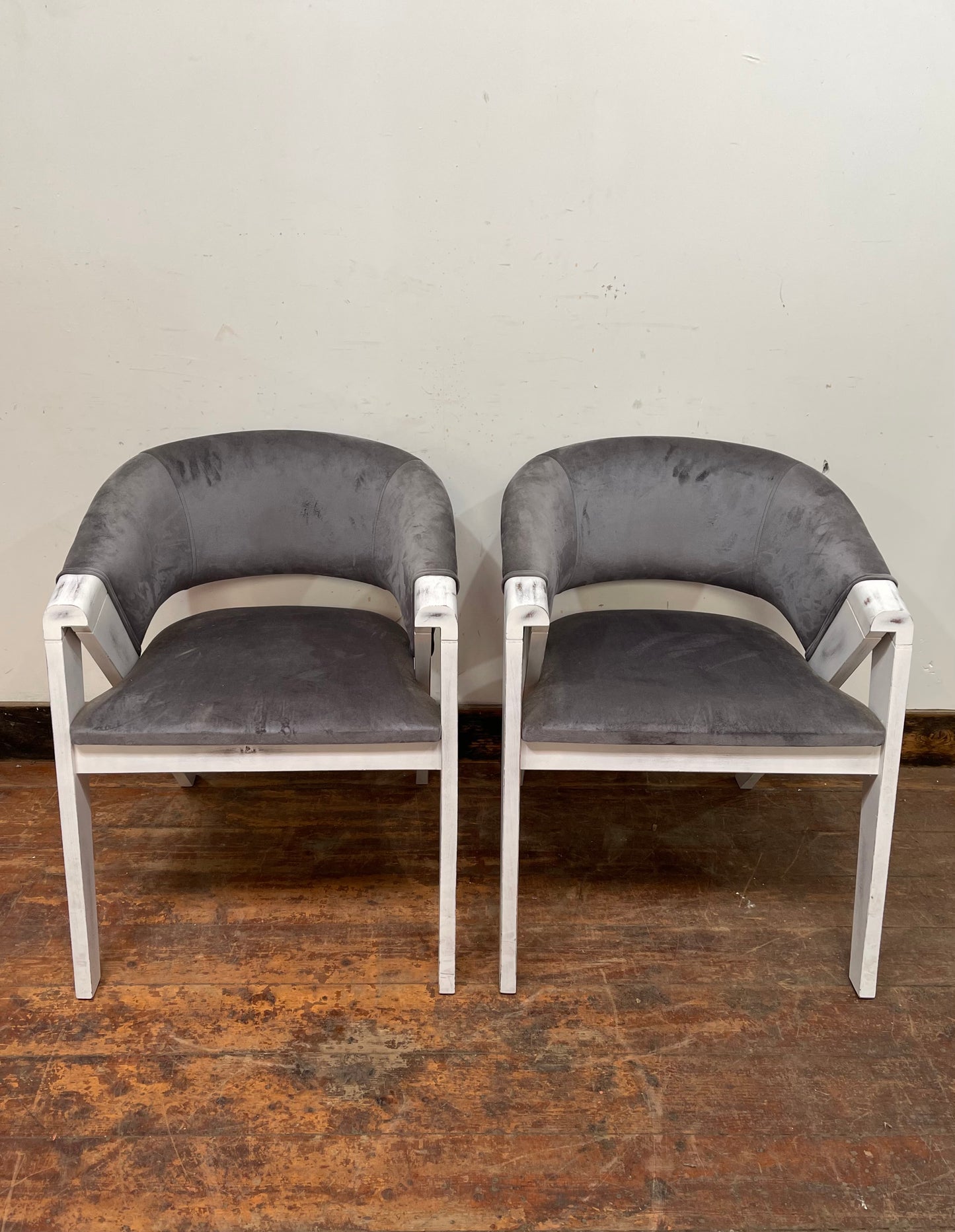 Pair of grey suede-feel chairs with white painted frames