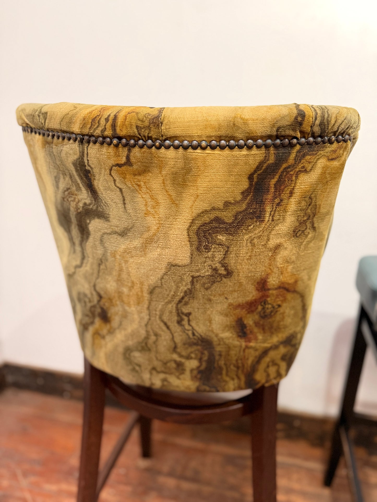 Pair of bar stools with marble effect fabric backs