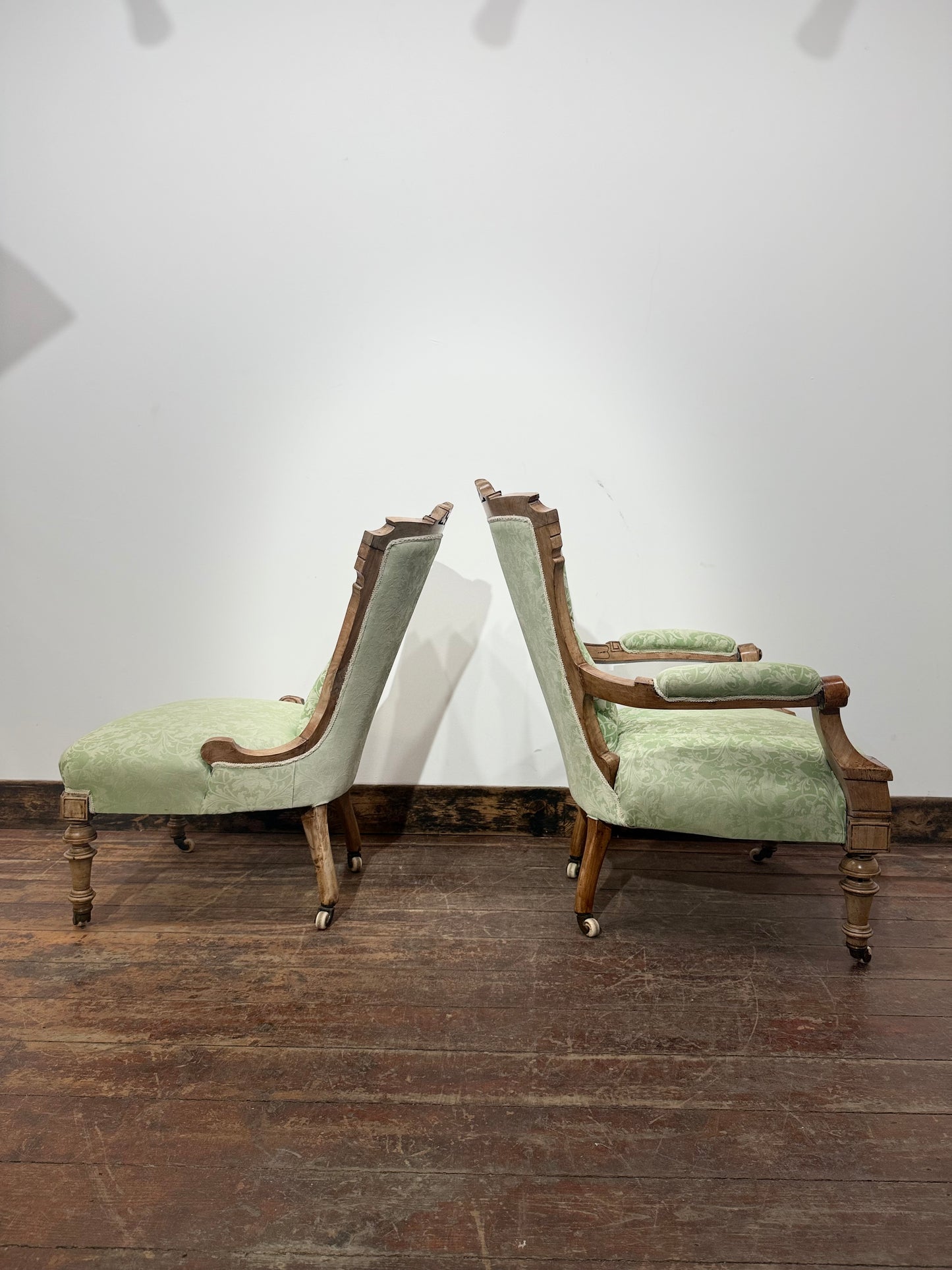 Victorian Style Carved Walnut Armchair/Side Chair/Sage Green Button Back Chairs