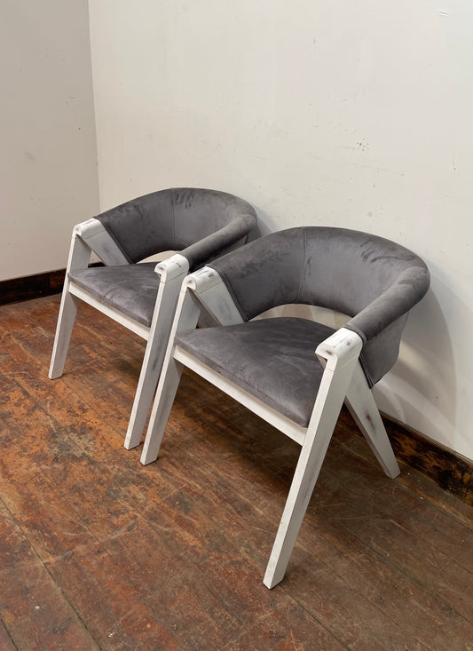 Pair of grey suede-feel chairs with white painted frames