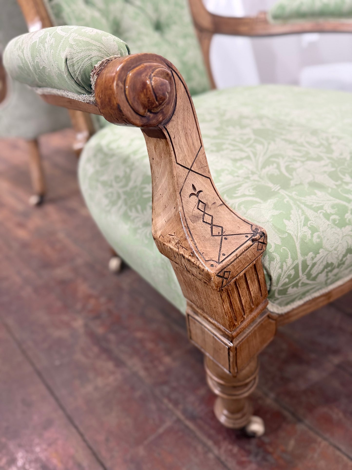 Victorian Style Carved Walnut Armchair/Side Chair/Sage Green Button Back Chairs