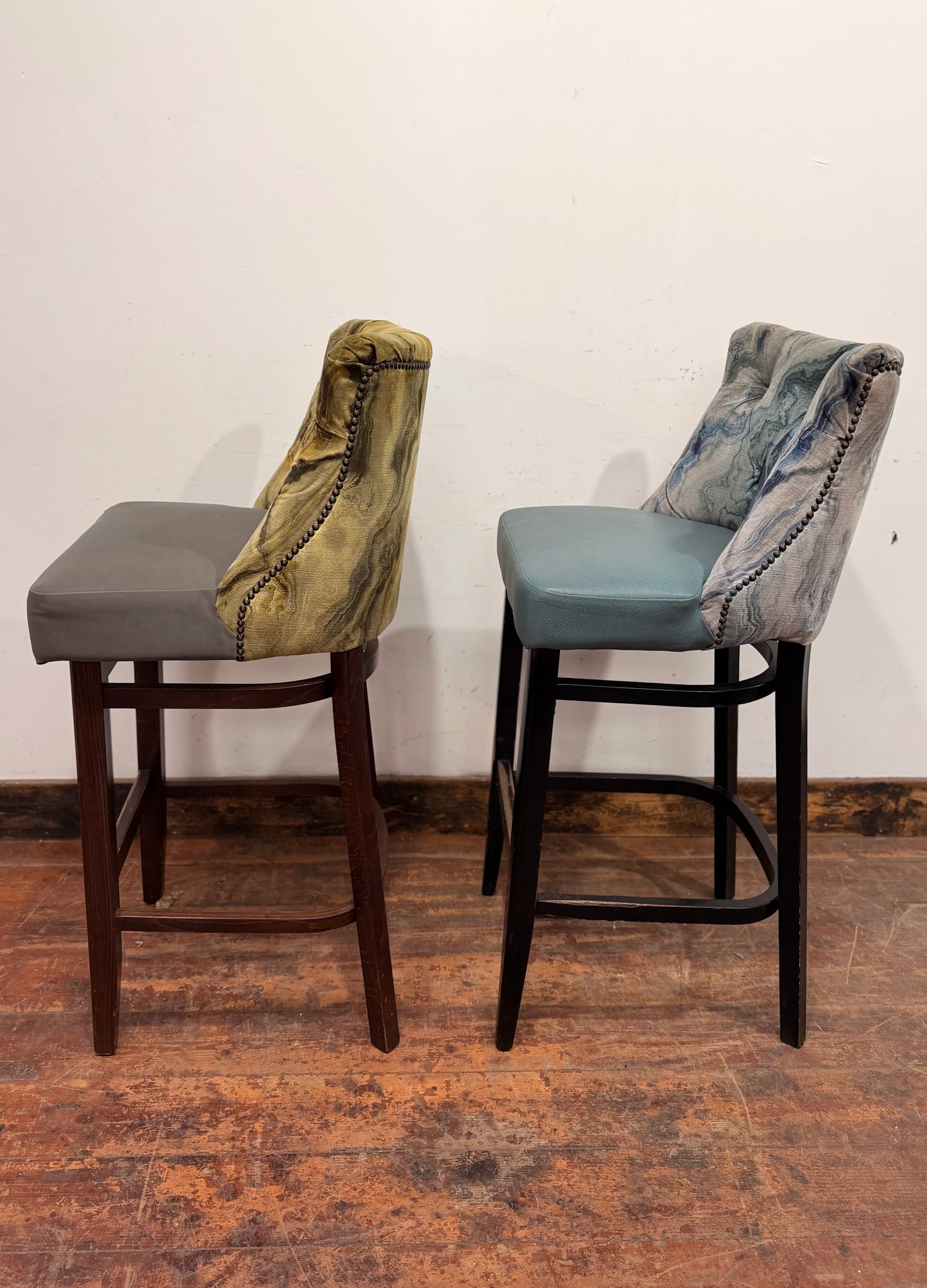 Pair of bar stools with marble effect fabric backs