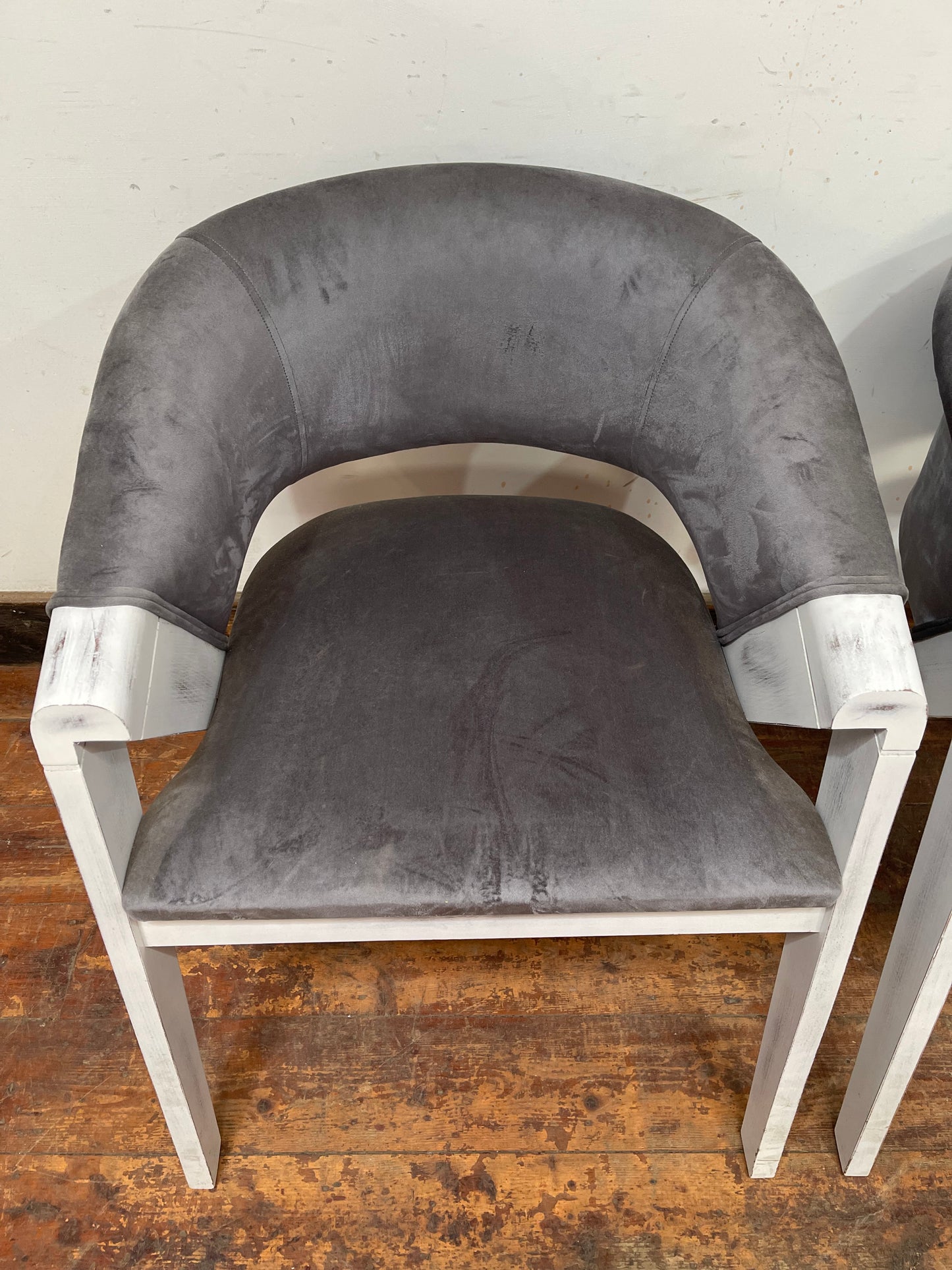 Pair of grey suede-feel chairs with white painted frames