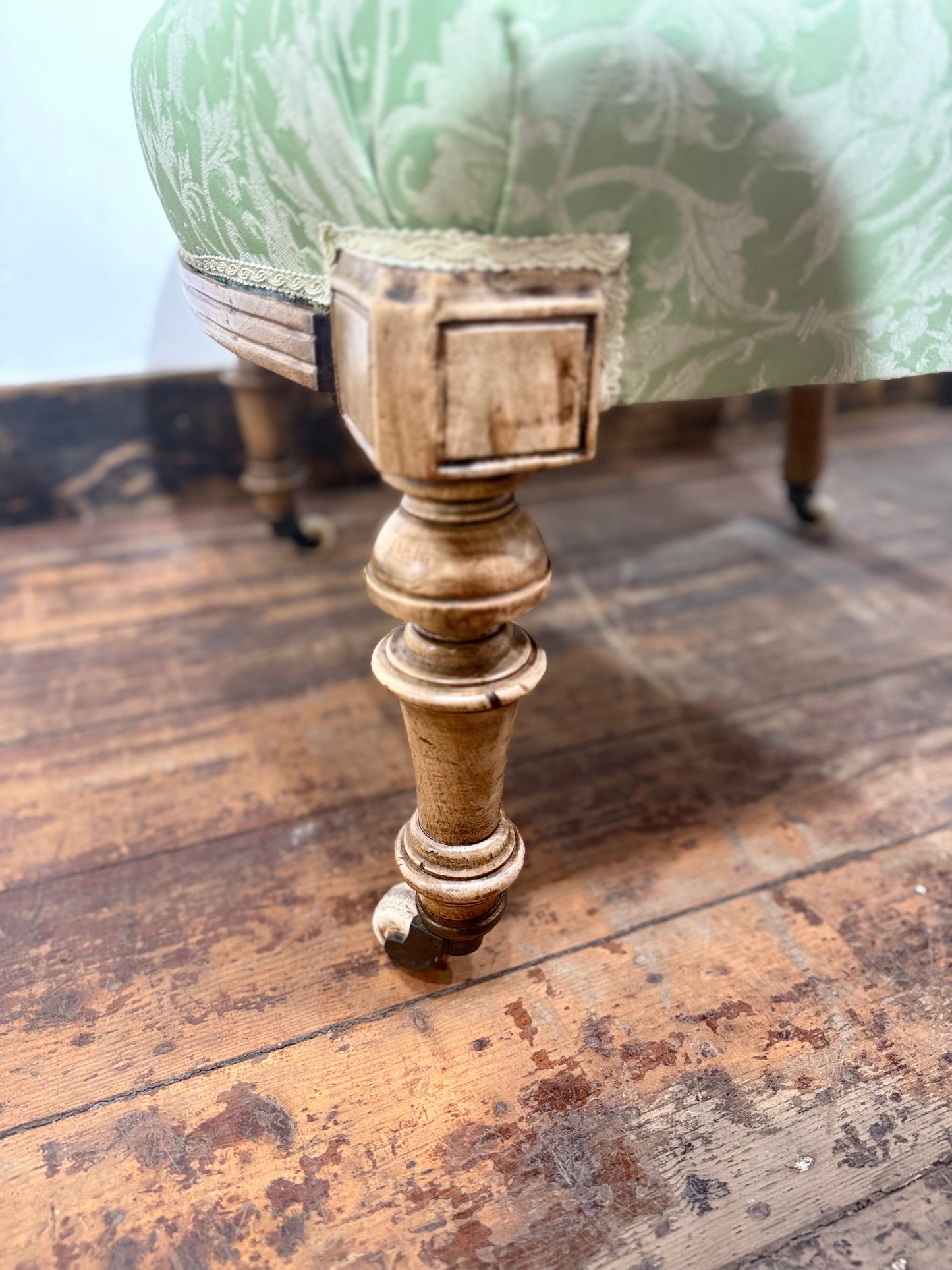 Victorian Style Carved Walnut Armchair/Side Chair/Sage Green Button Back Chairs
