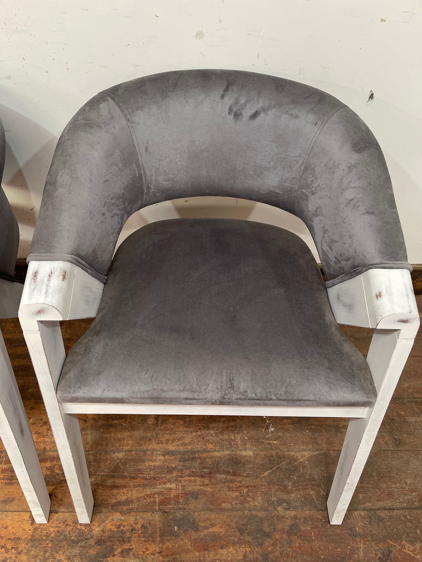Pair of grey suede-feel chairs with white painted frames