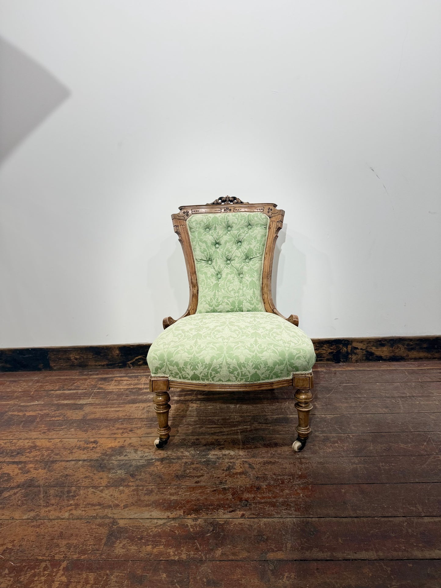 Victorian Style Carved Walnut Armchair/Side Chair/Sage Green Button Back Chairs