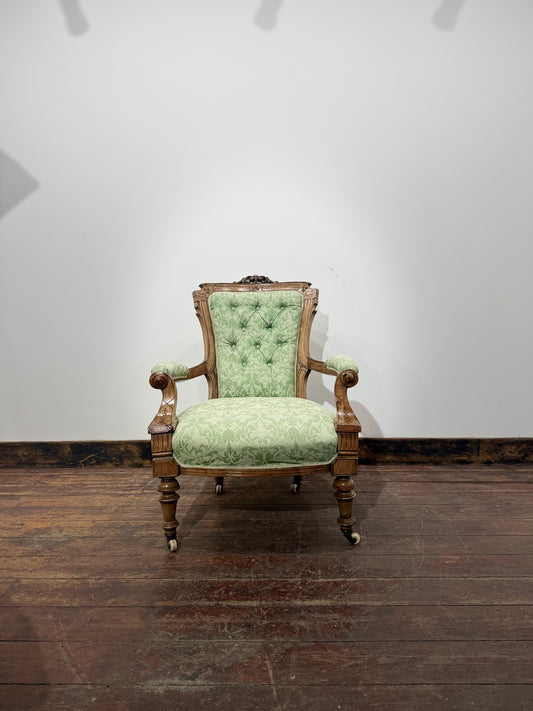 Victorian Style Carved Walnut Armchair/Side Chair/Sage Green Button Back Chairs