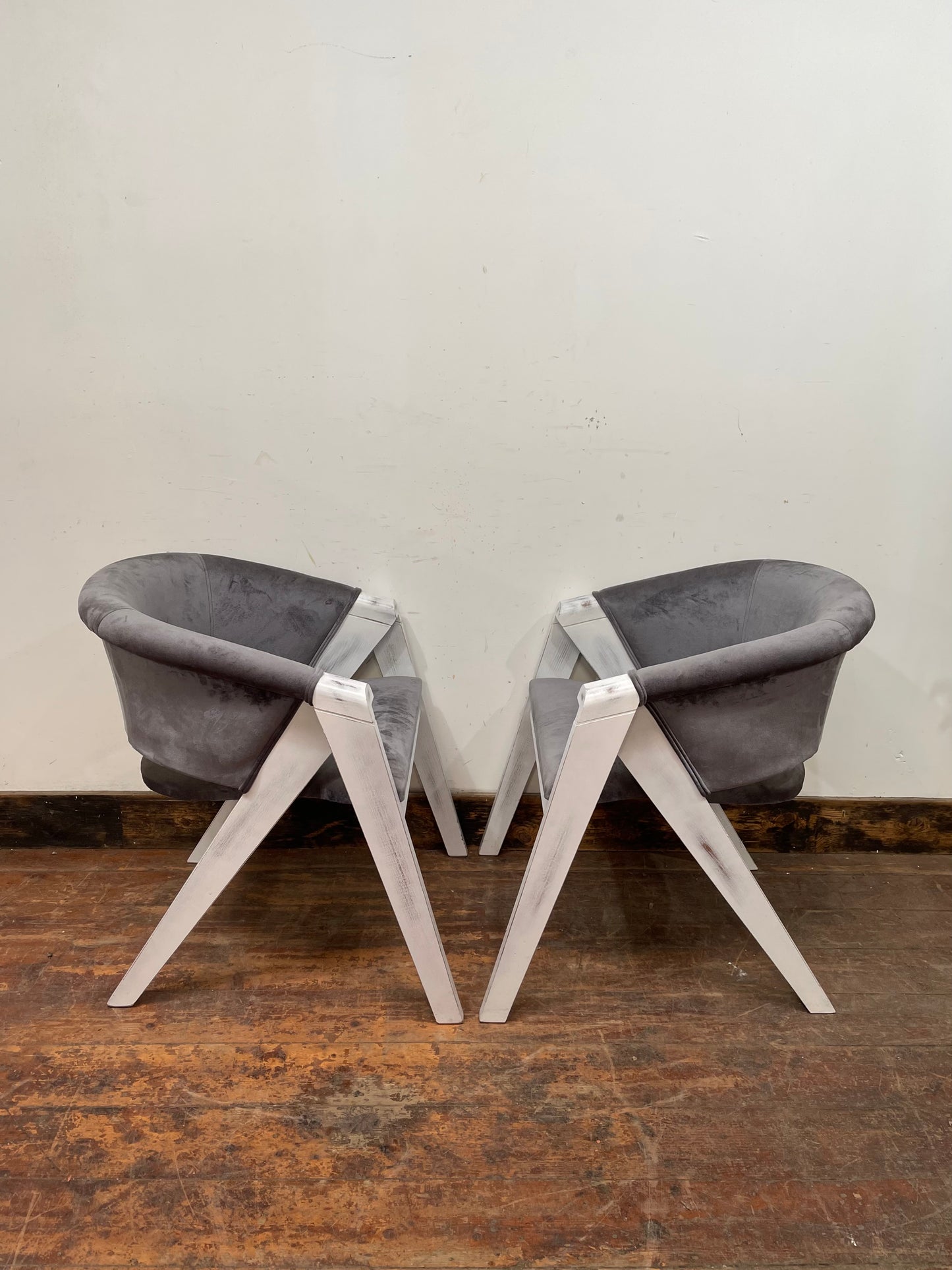 Pair of grey suede-feel chairs with white painted frames