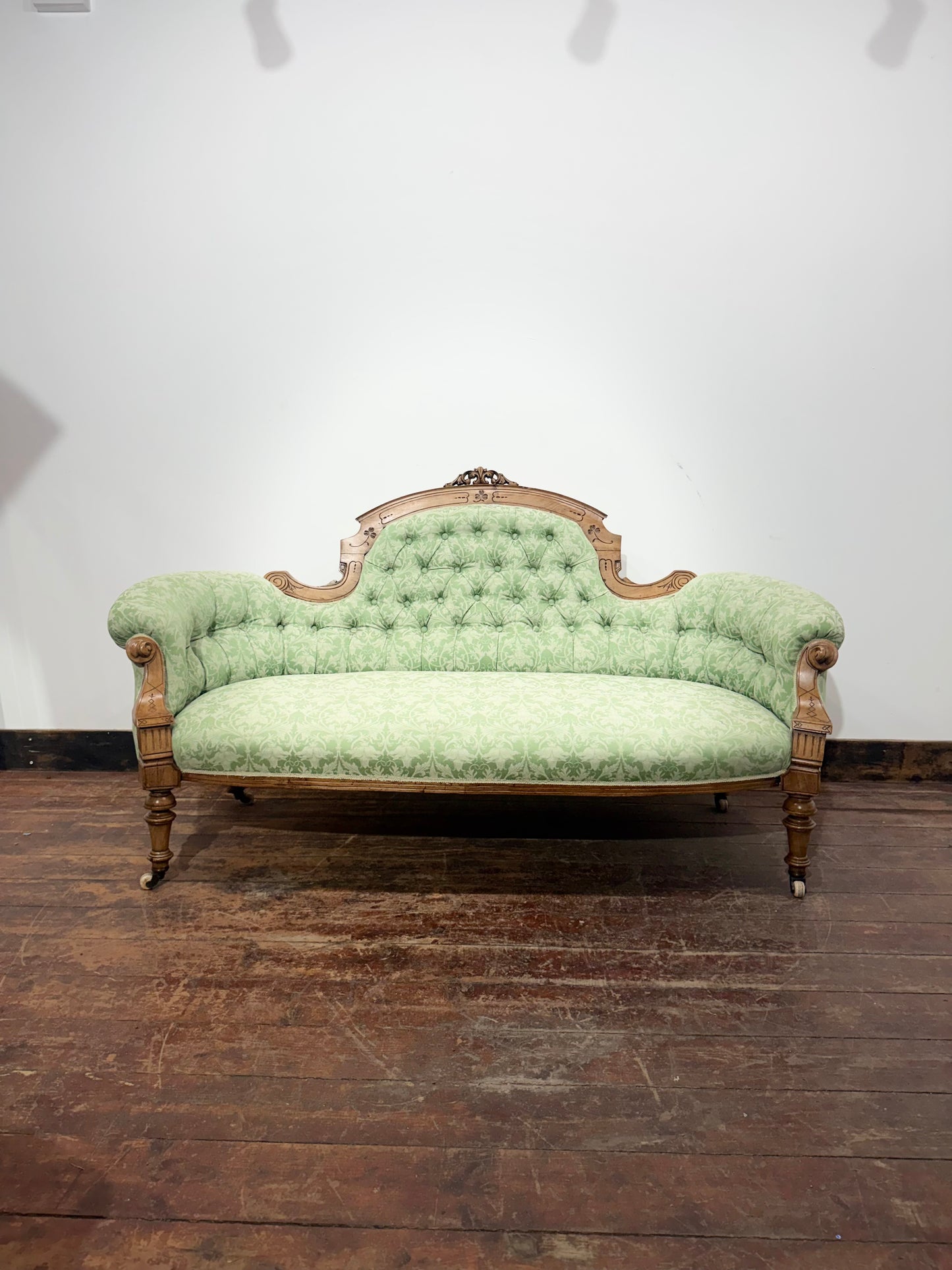 Antique Victorian Style Carved Walnut Two Seater Sofa Sage Green Upholstery