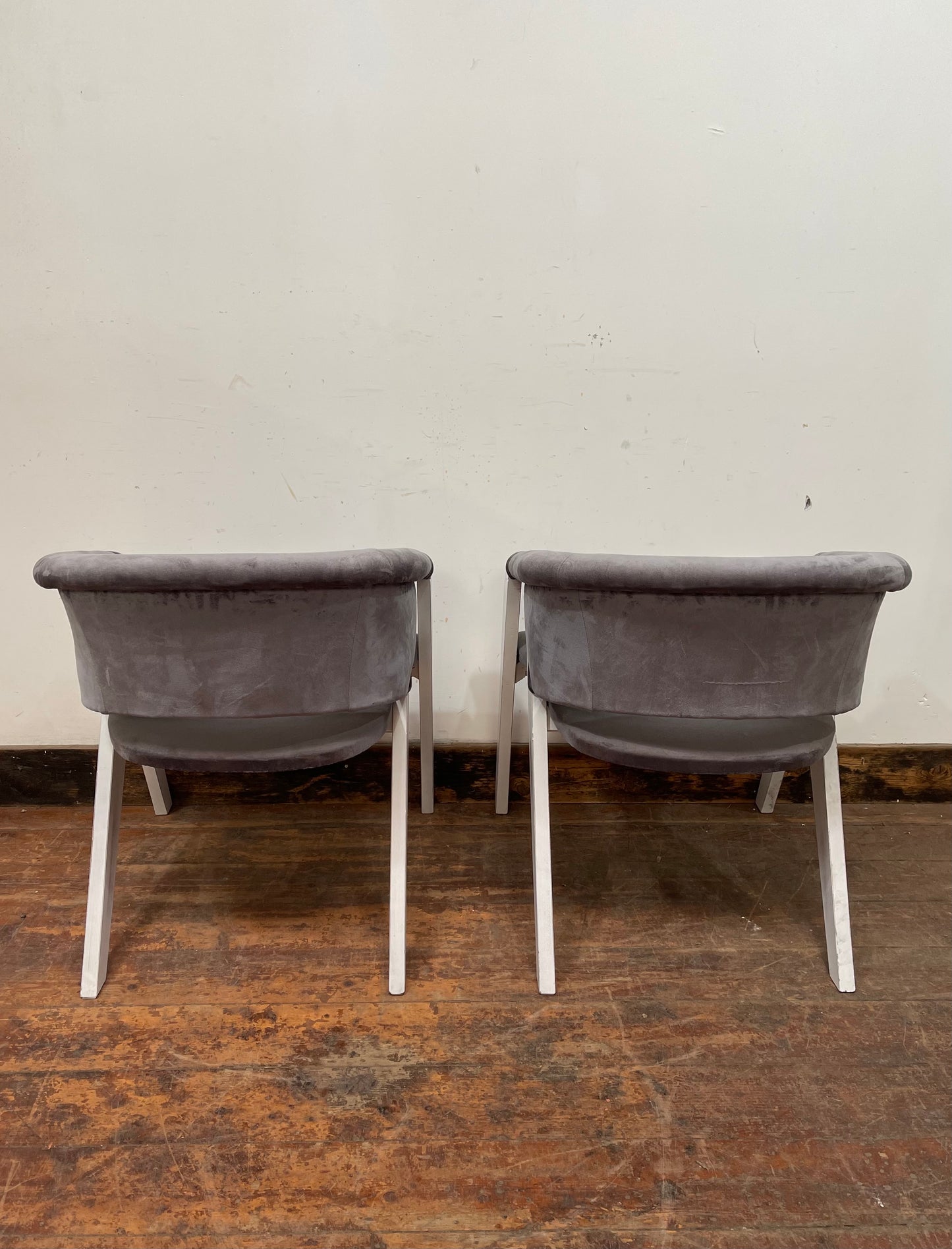 Pair of grey suede-feel chairs with white painted frames