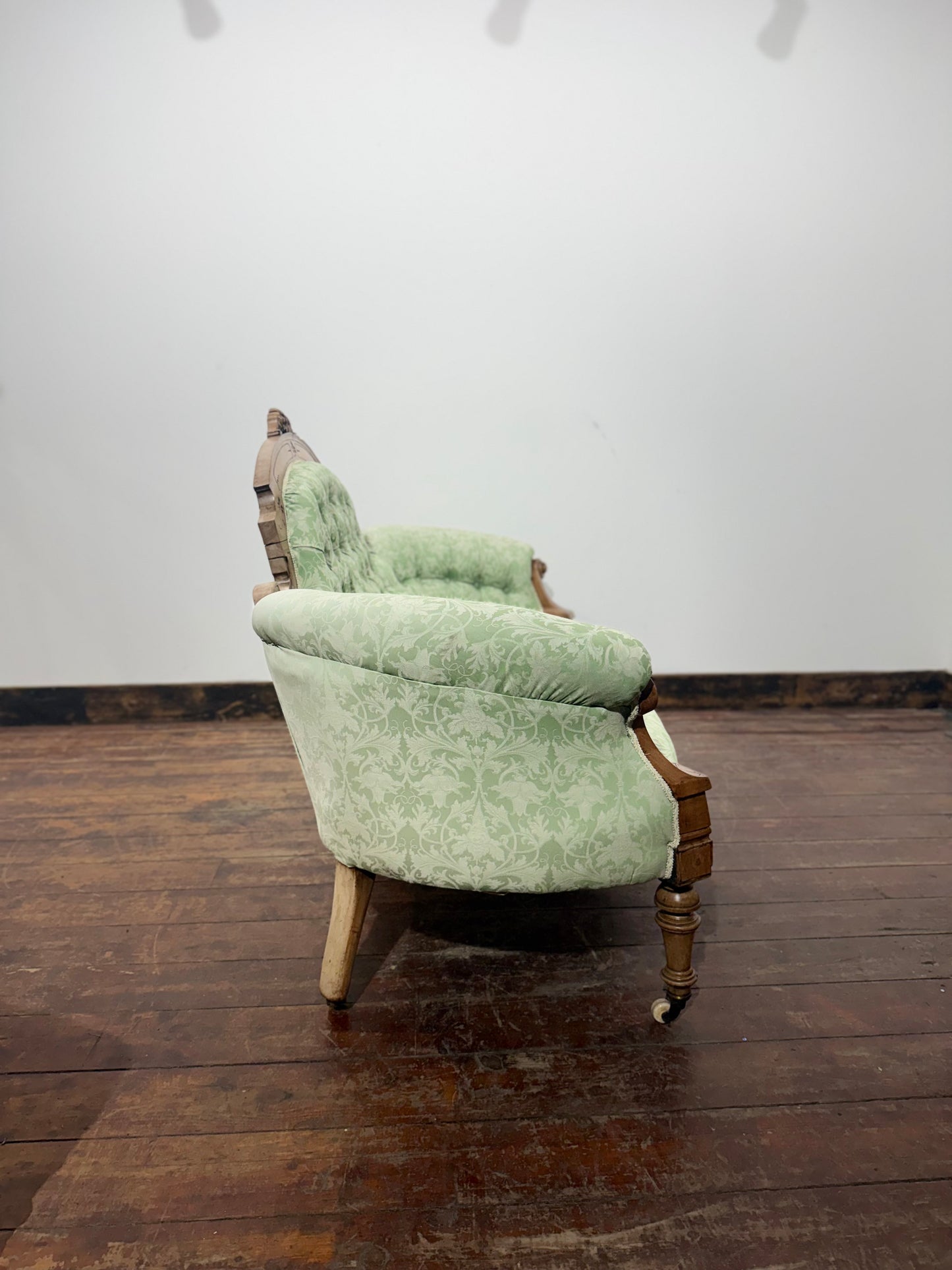 Antique Victorian Style Carved Walnut Two Seater Sofa Sage Green Upholstery