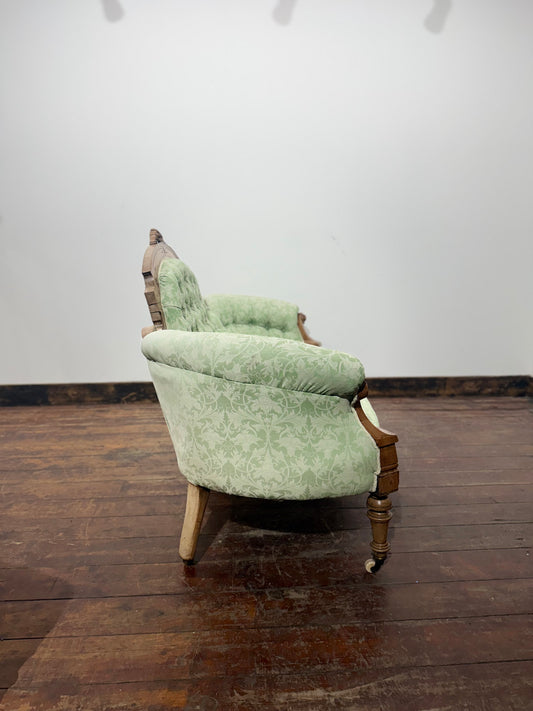 Antique Victorian Style Carved Walnut Two Seater Sofa Sage Green Upholstery