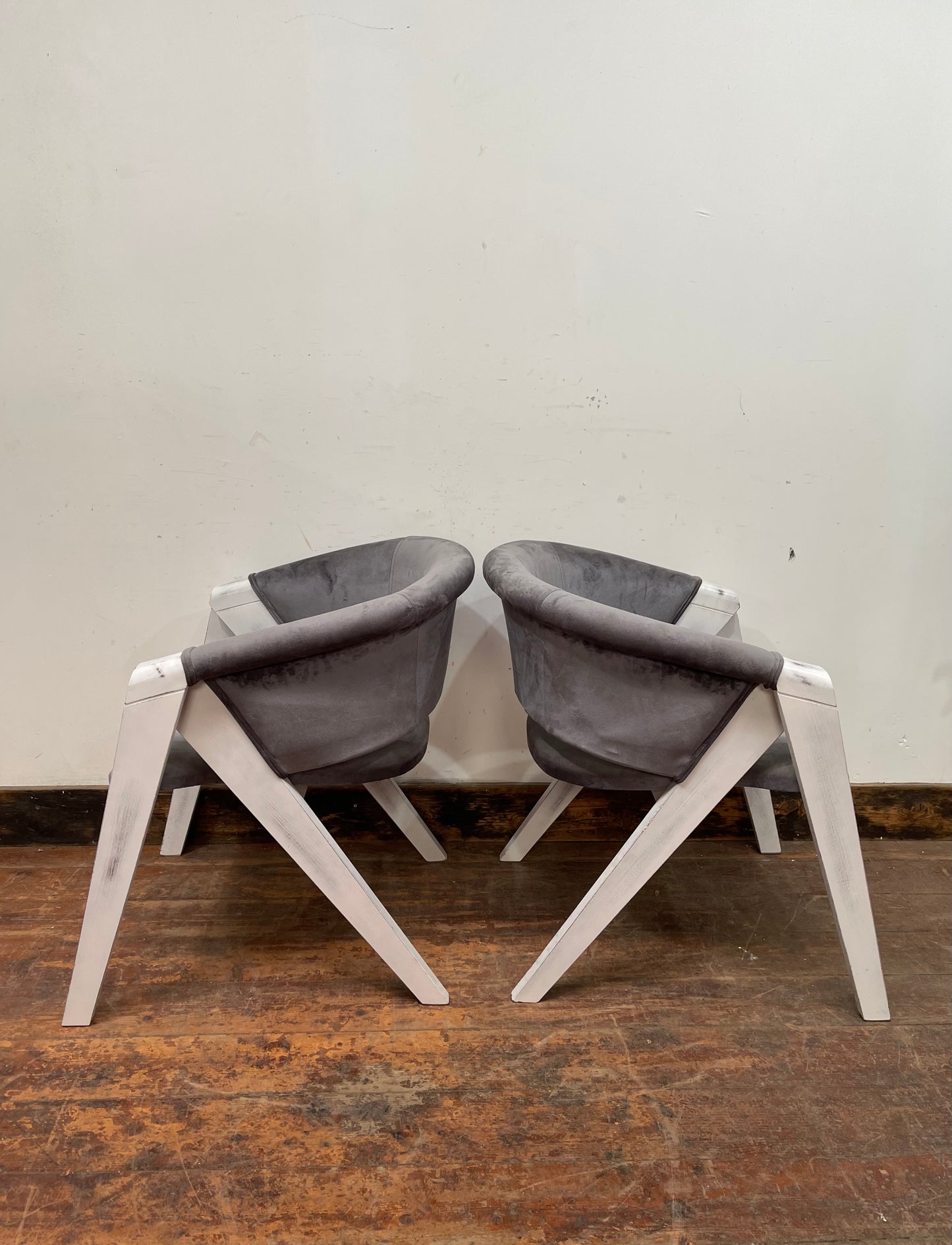 Pair of grey suede-feel chairs with white painted frames