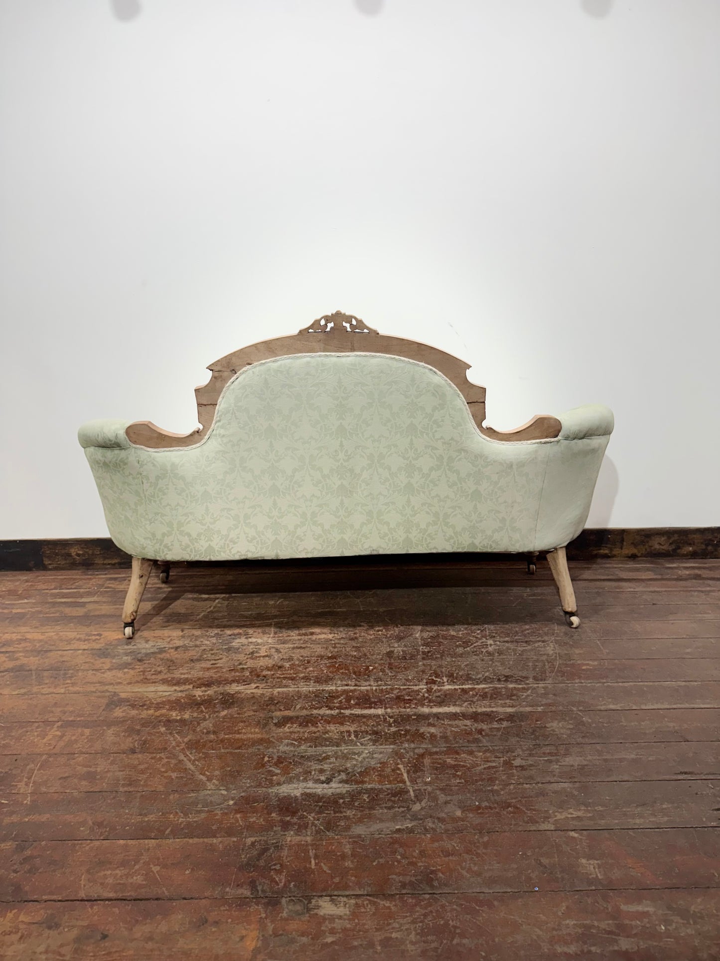 Antique Victorian Style Carved Walnut Two Seater Sofa Sage Green Upholstery