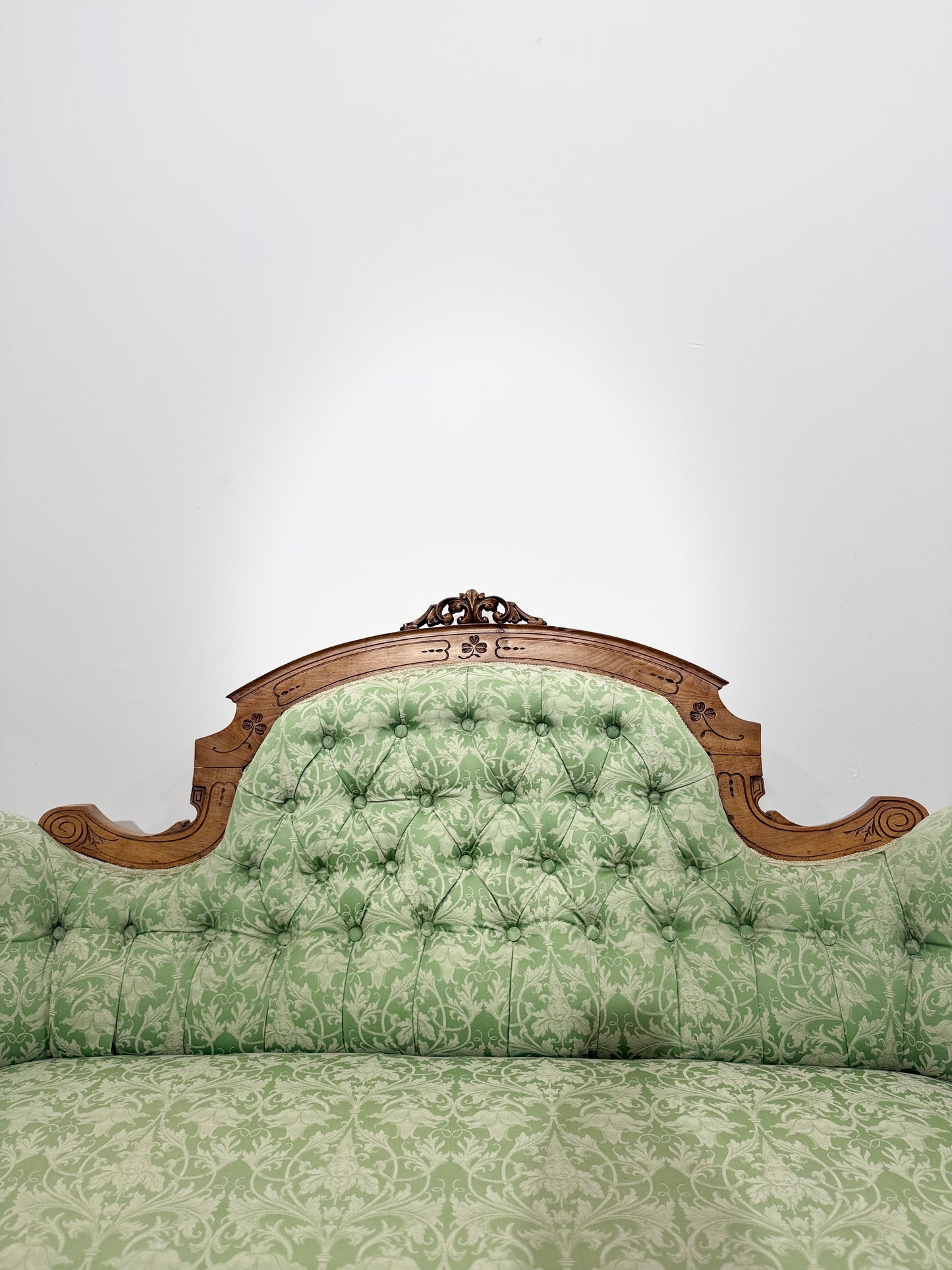 Antique Victorian Style Carved Walnut Two Seater Sofa Sage Green Upholstery