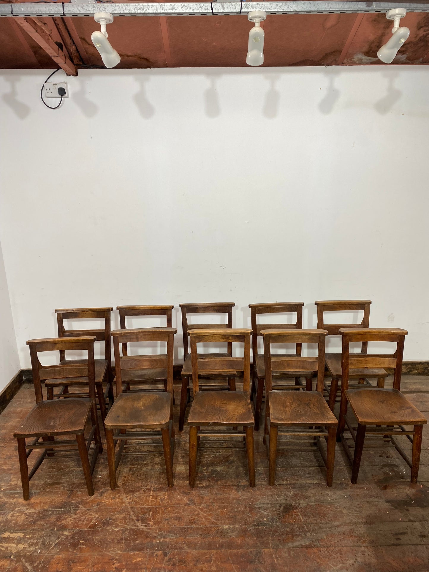 Set of 10 oak church chairs