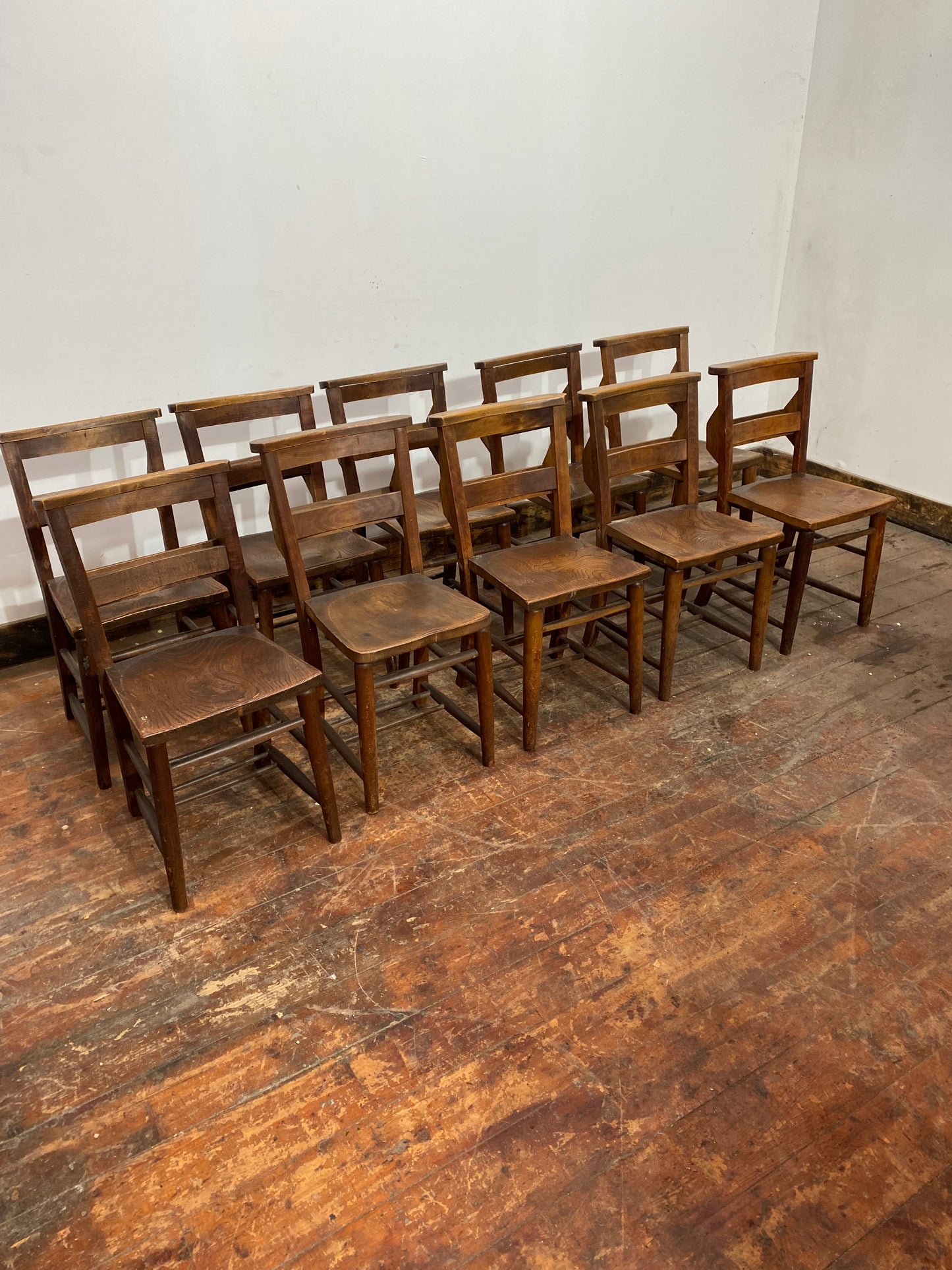 Set of 10 oak church chairs