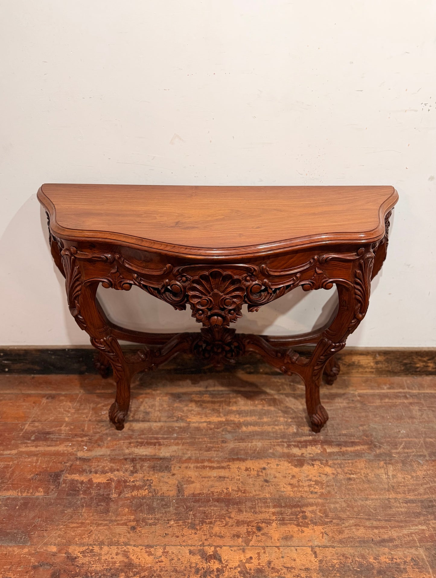 Vintage carved wooden hall table with flower detail