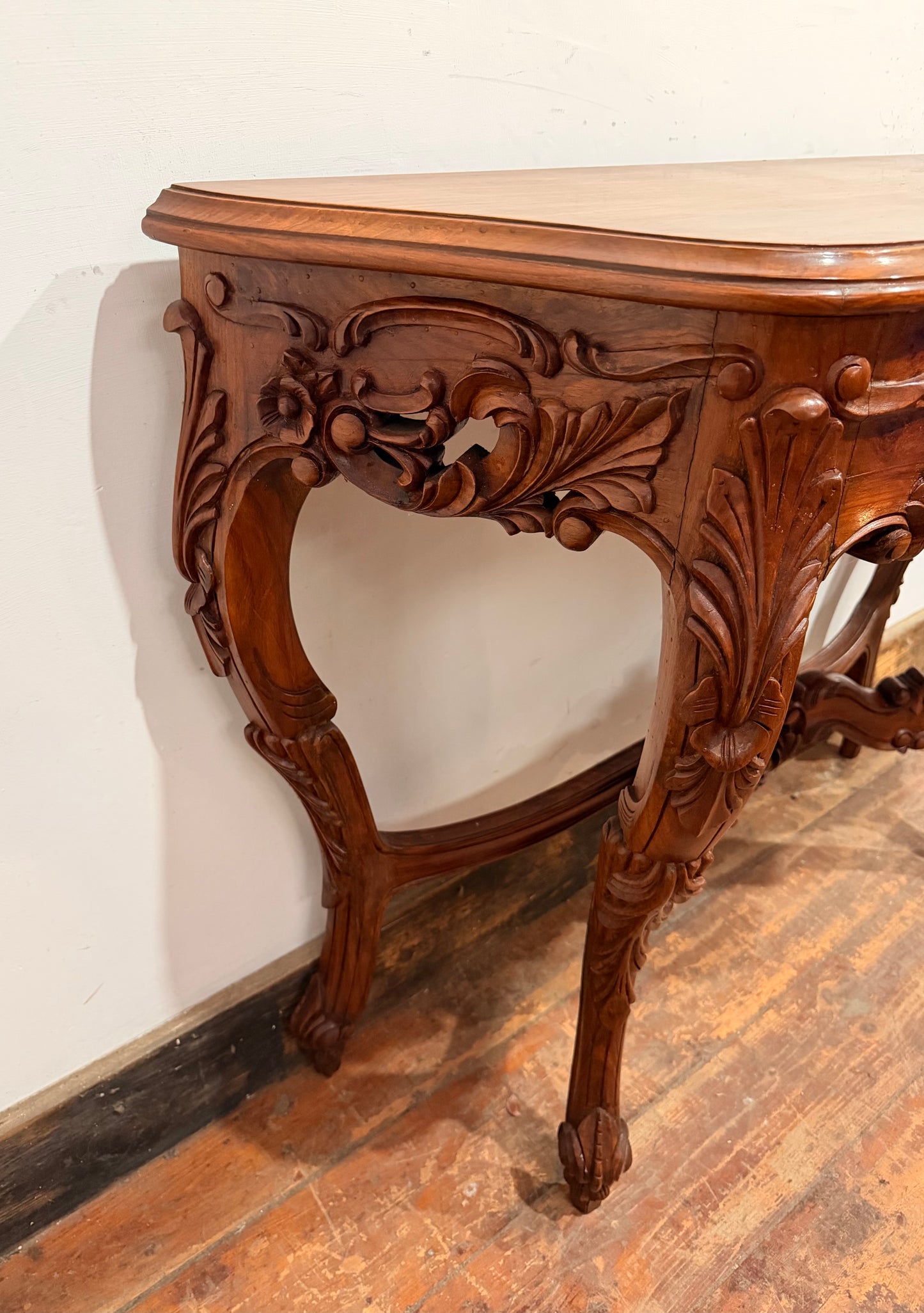 Vintage carved wooden hall table with flower detail